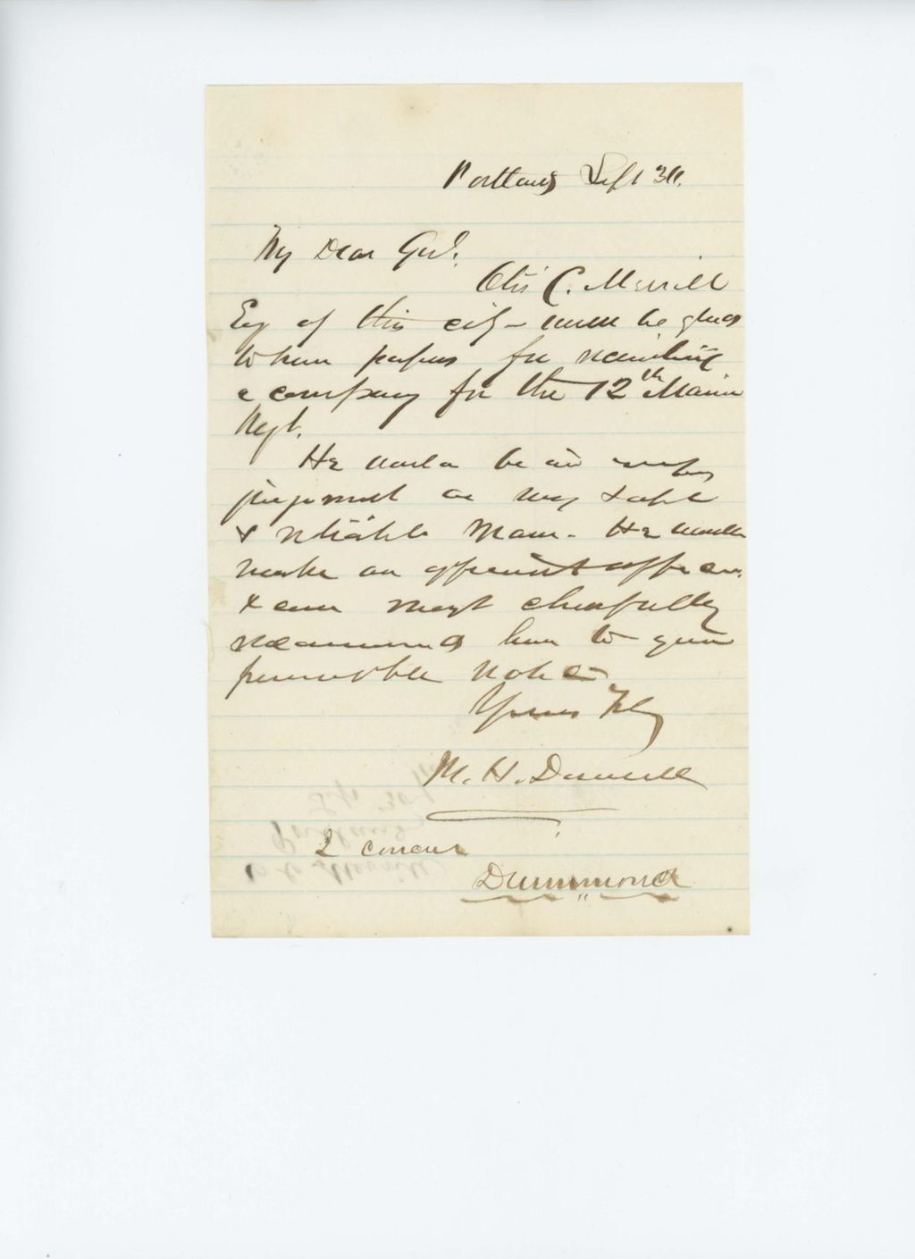 Miniature of Mark Dunnell recommends Otis C. Merrill for position in the 12th Regiment