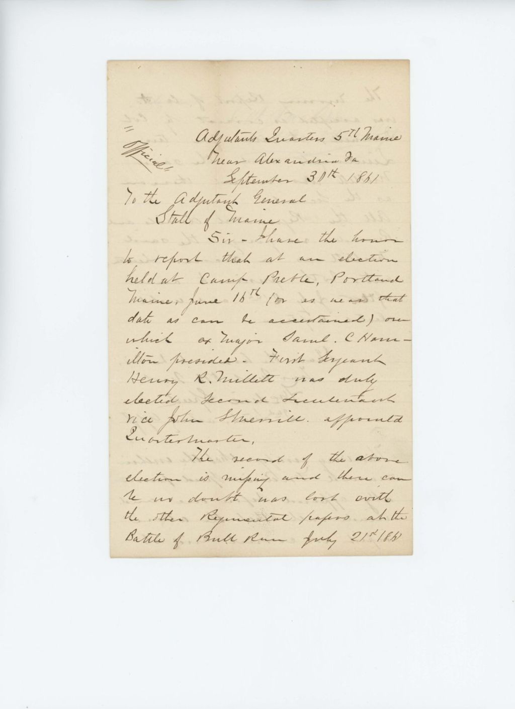 Miniature of Lieutenant Frederic Speed reports results of regimental elections