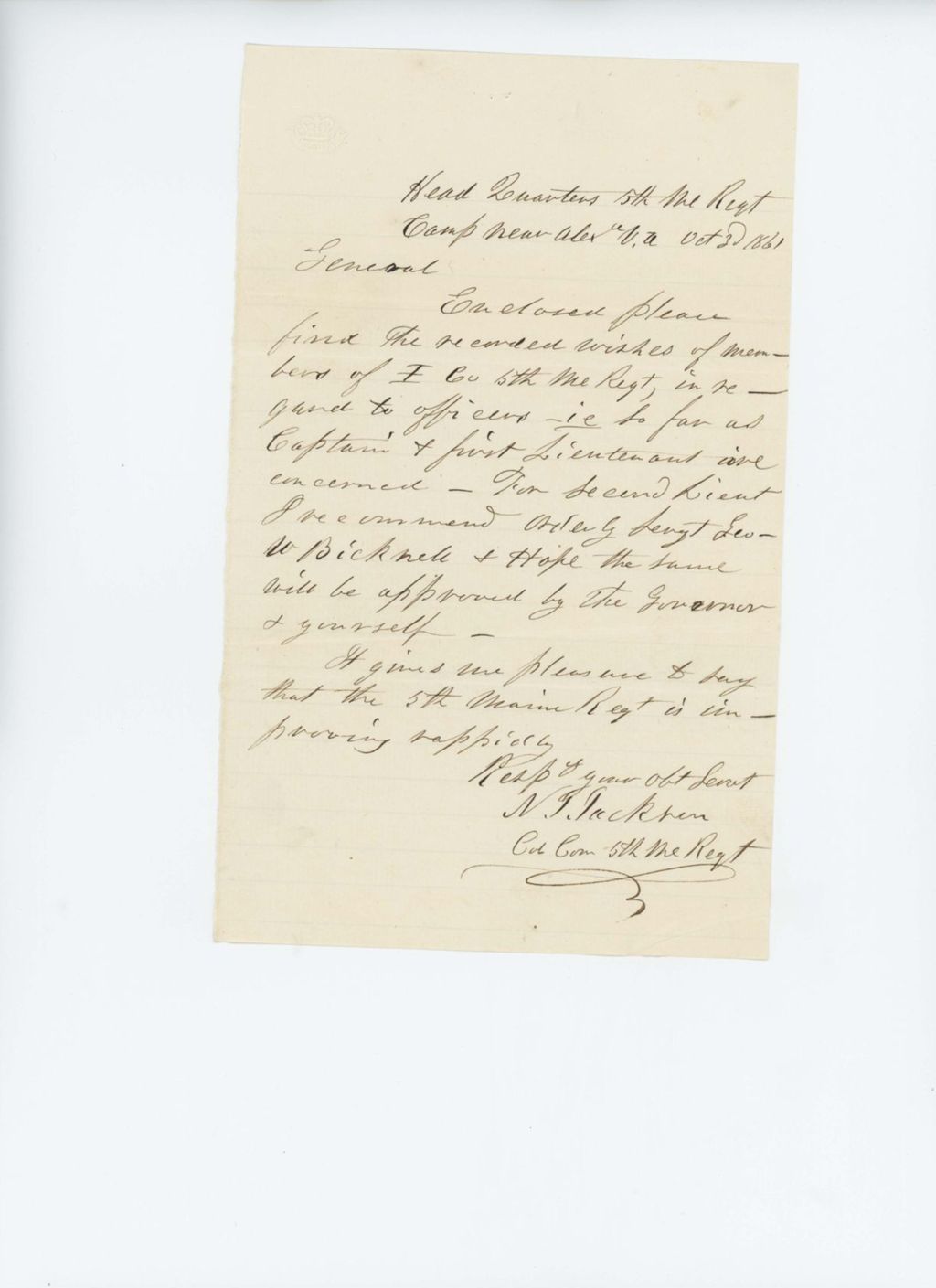 Miniature of Colonel Nathaniel Jackson reports the elections of officers in Company I