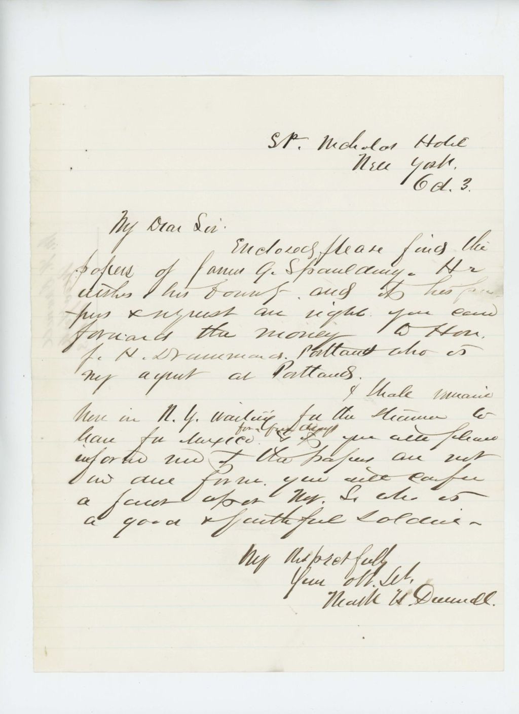 Miniature of Mark Dunnell writes regarding papers of James G. Spaulding