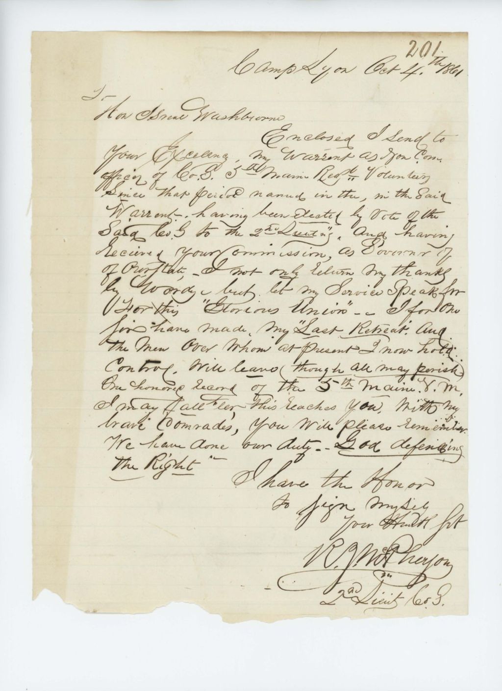 Miniature of Lieutenant Robert J. McPherson thanks Governor Washburn for his commission