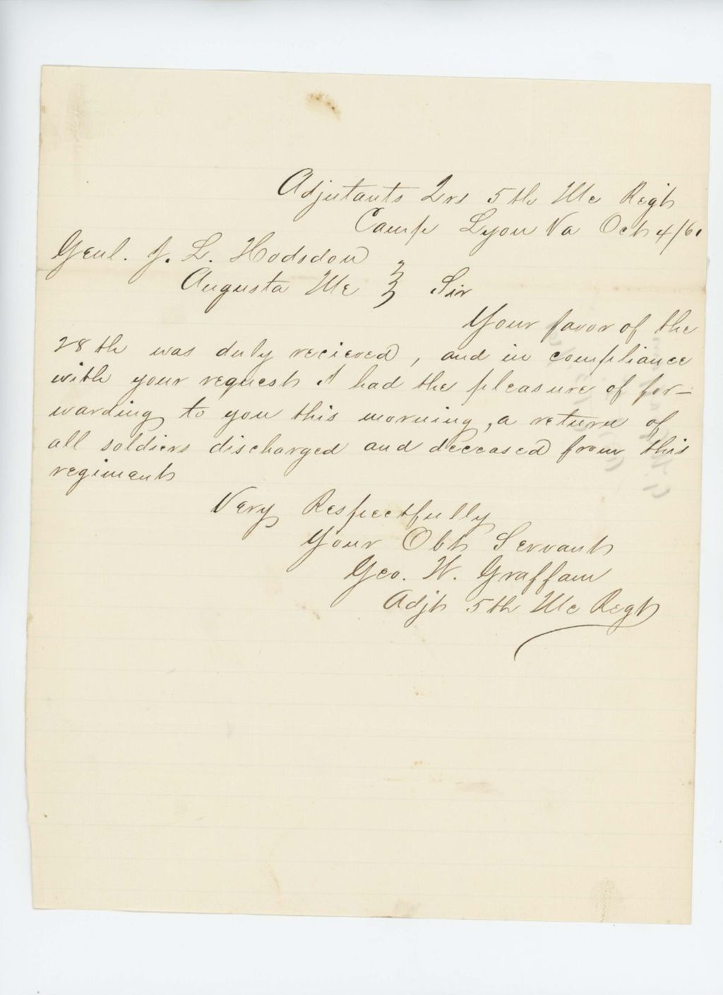 Miniature of Adjutant George Graffam forwards a return of all soldiers discharged and deceased