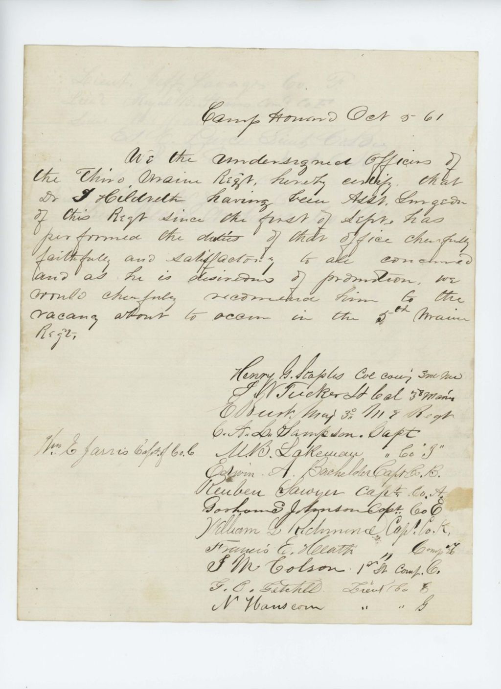 Miniature of Officers of the 3rd Maine Regiment recommend Dr. Hildreth for surgeon in the 5th Maine