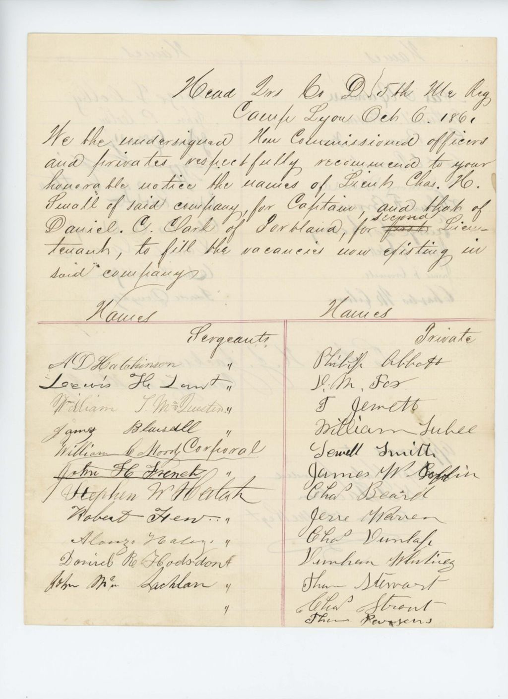 Miniature of Officers and privates of Company D recommend Charles H. Sewall and Daniel Clark for promotion