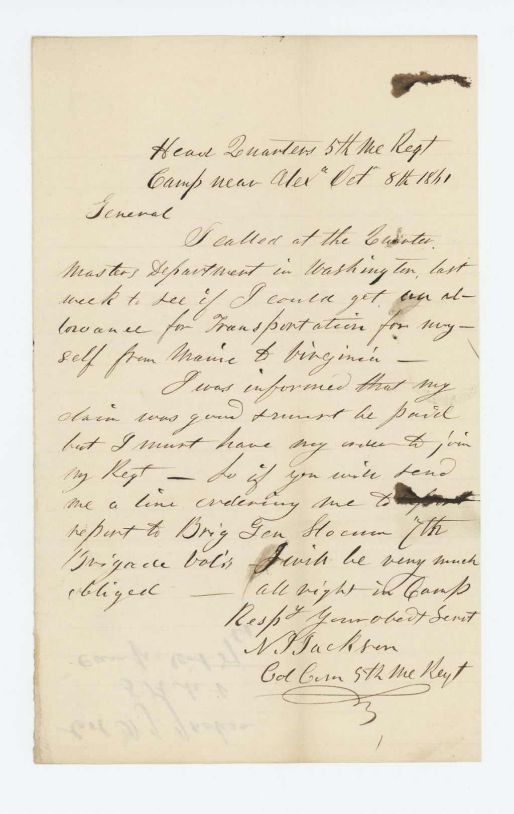 Miniature of Colonel Jackson requests allowance for transportation from Maine to Virginia