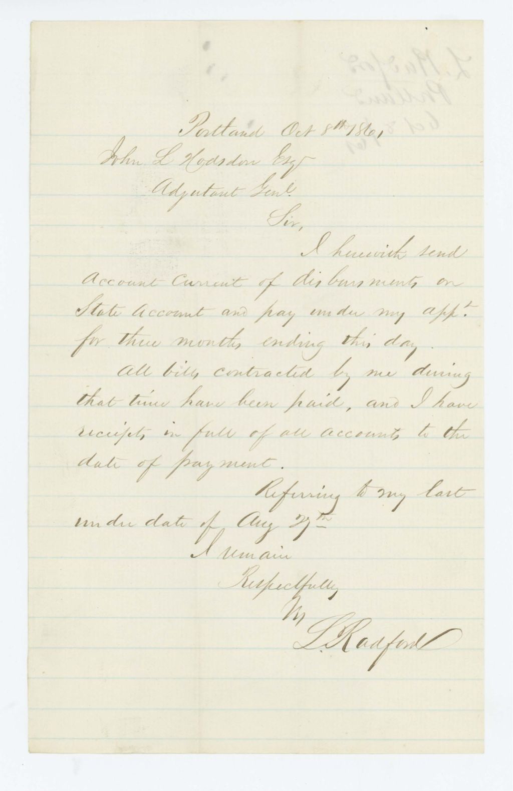 Miniature of L. Radford sends accounts to Adjutant General Hodsdon