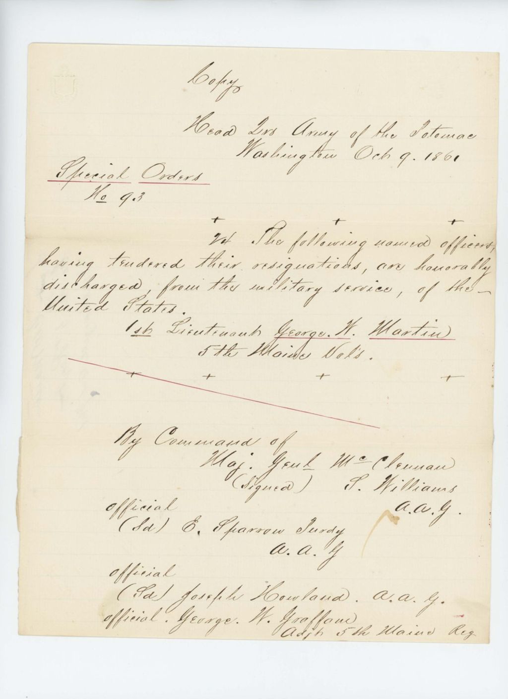 Miniature of Special Order 93 honorably discharging Lieutenant George W. Martin
