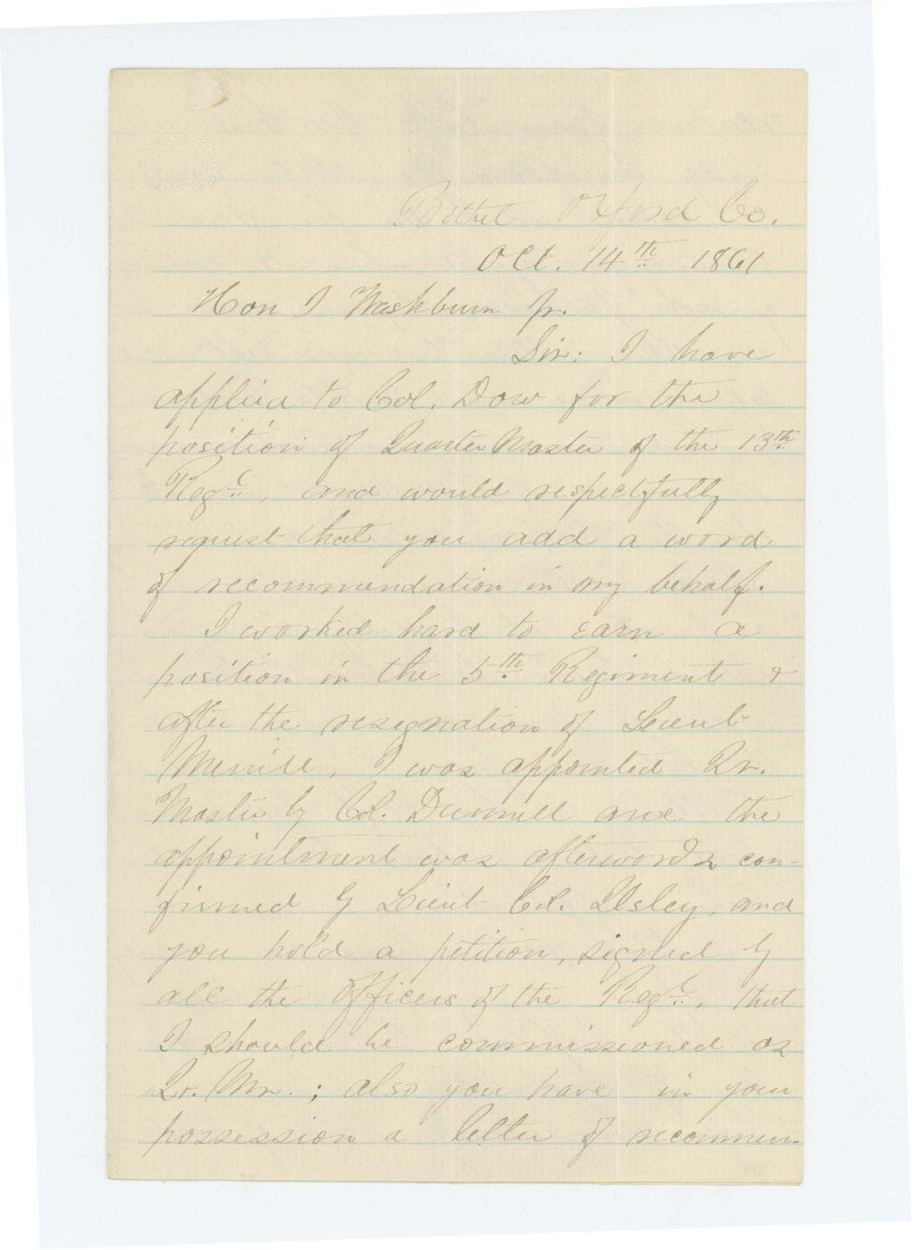 Miniature of A.B. Twitchell requests a position as Quartermaster