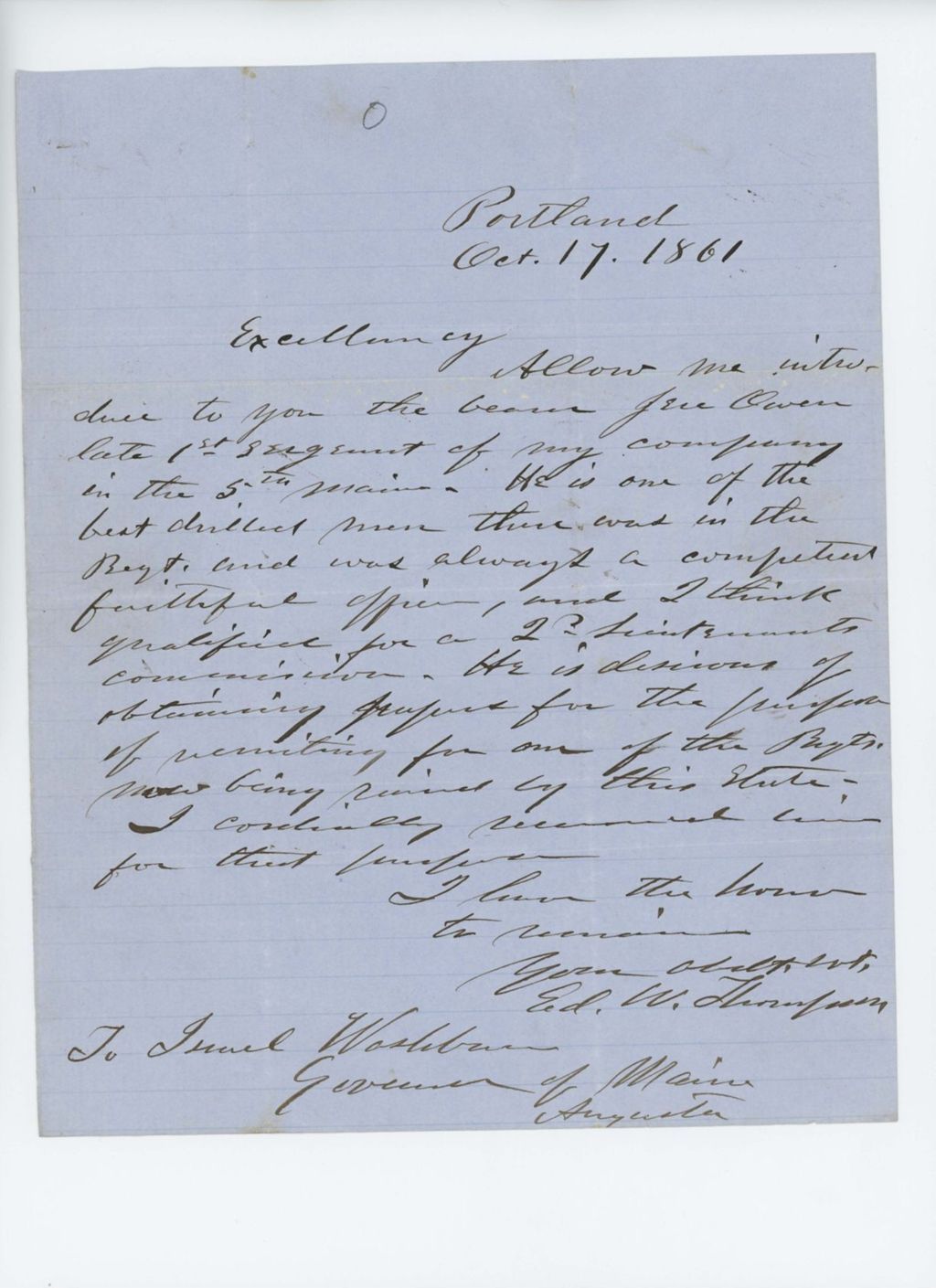Miniature of Edward W. Thompson recommends Jere Owen for lieutenant