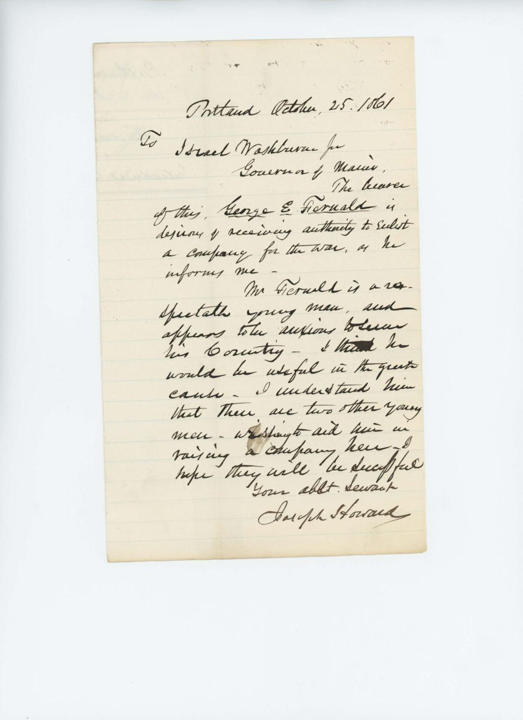 Miniature of Joseph Howard recommends George E. Fernald receive authority to enlist a regiment