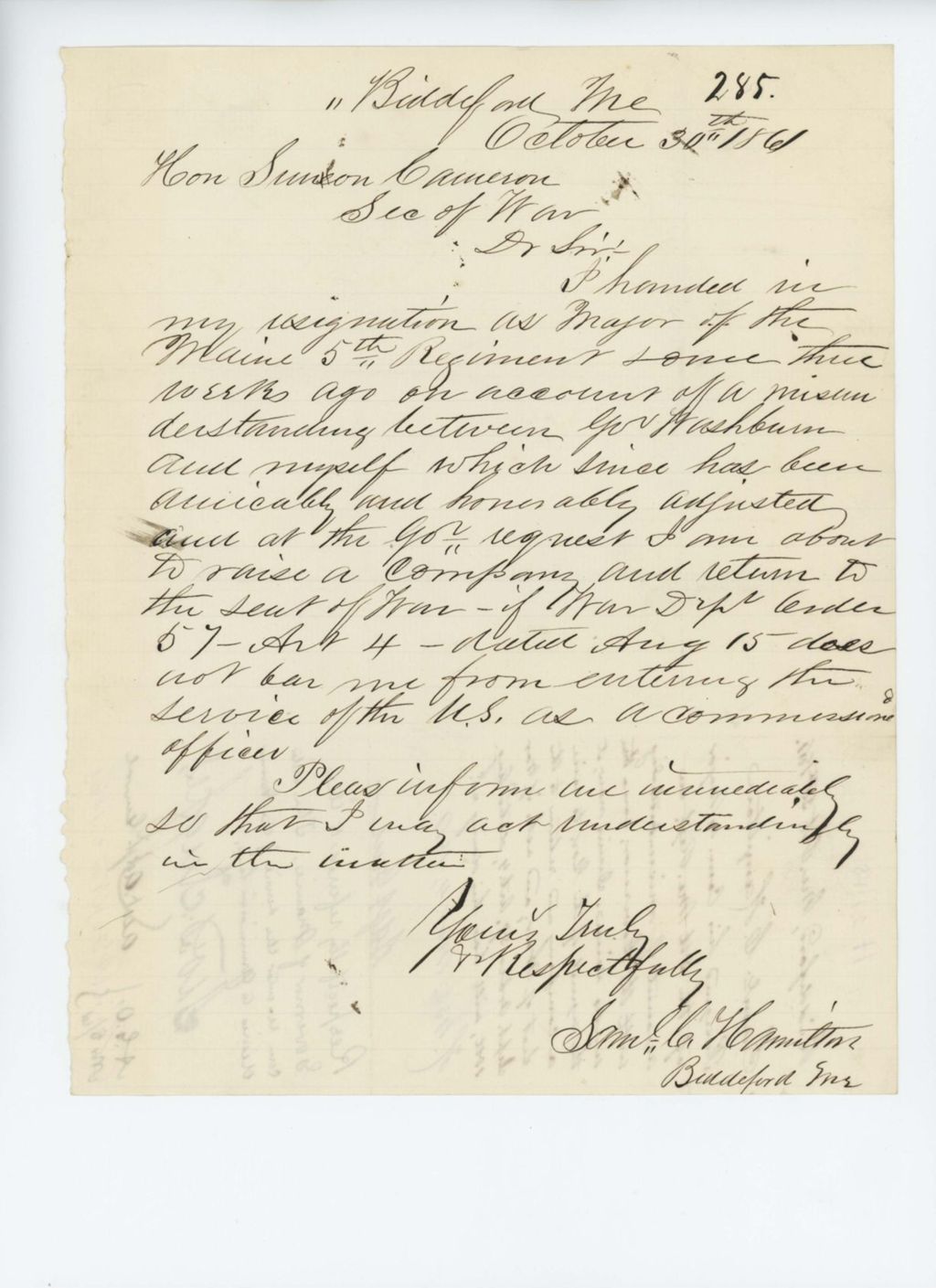 Miniature of Samuel Hamilton writes that he is returning to the service