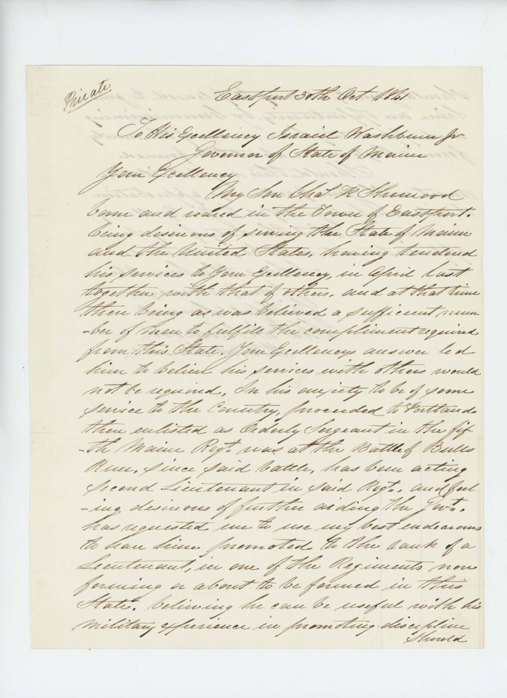 Miniature of Charles Sherwood writes Governor Washburn requesting a promotion for his son Charles