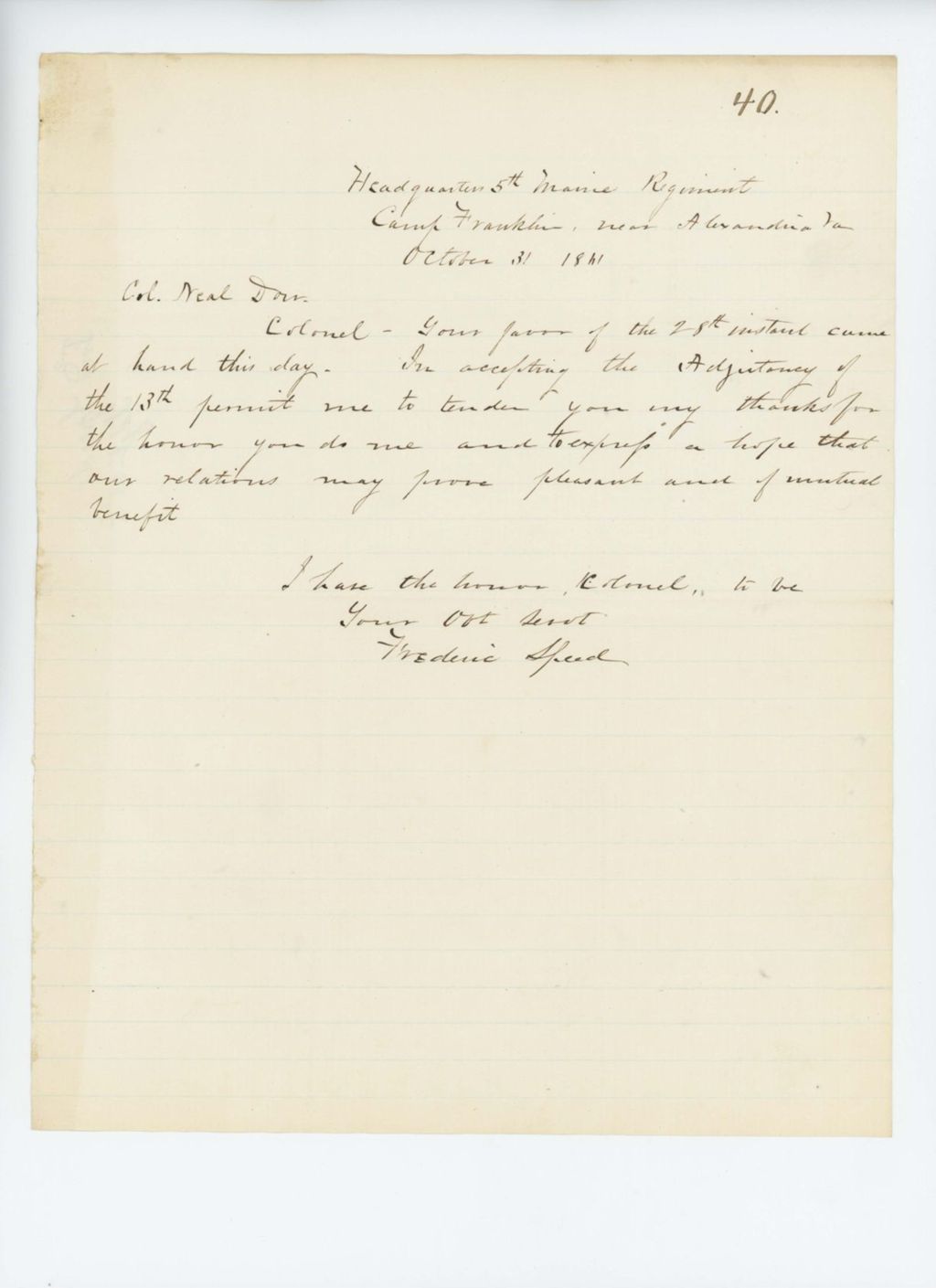 Miniature of Frederic Speed accepts his appointment as Adjutant of the 13th Maine Regiment