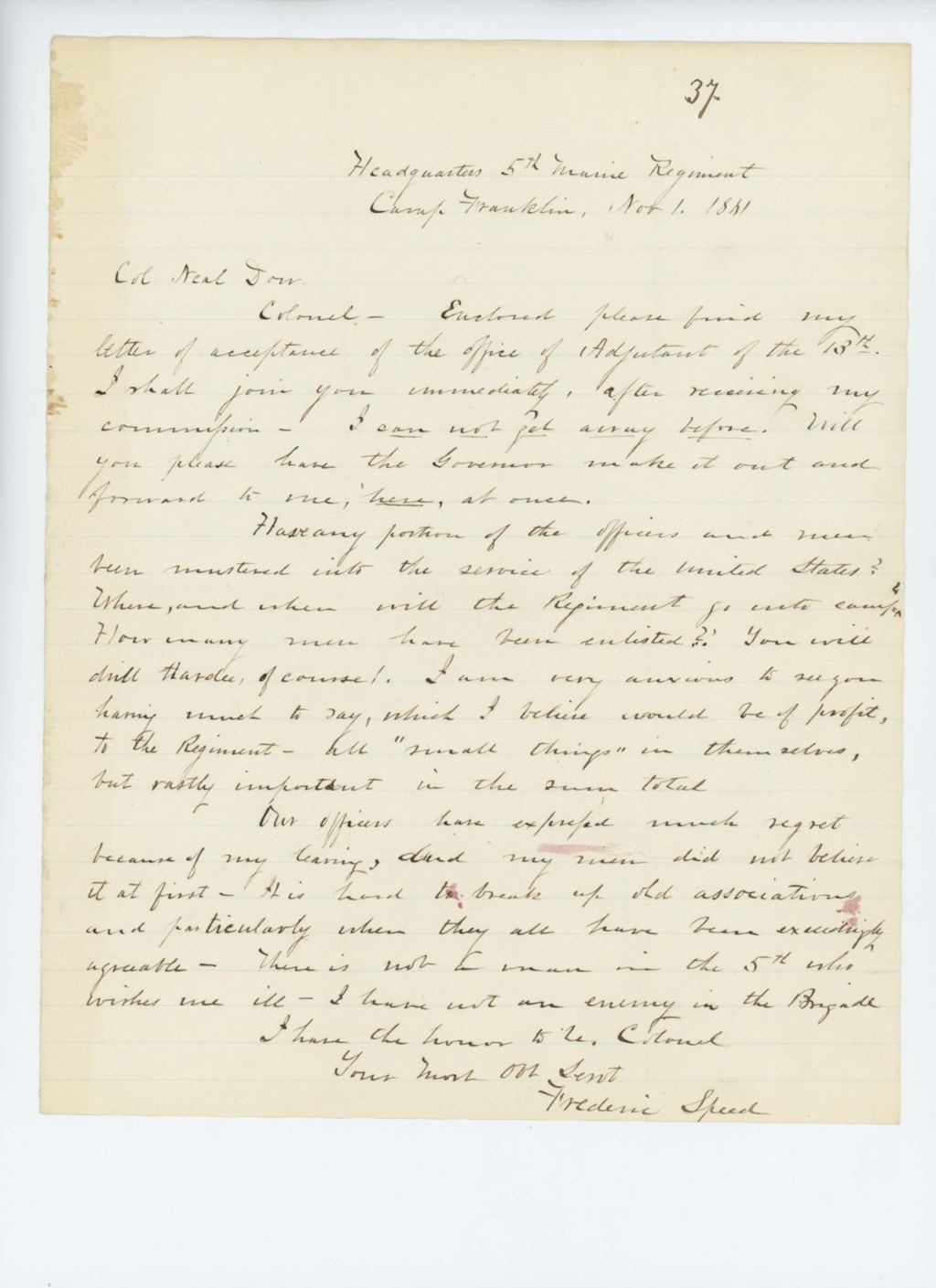 Miniature of Frederic Speed forwards his letter of acceptance to Colonel Neal Dow of the 13th Maine Regiment