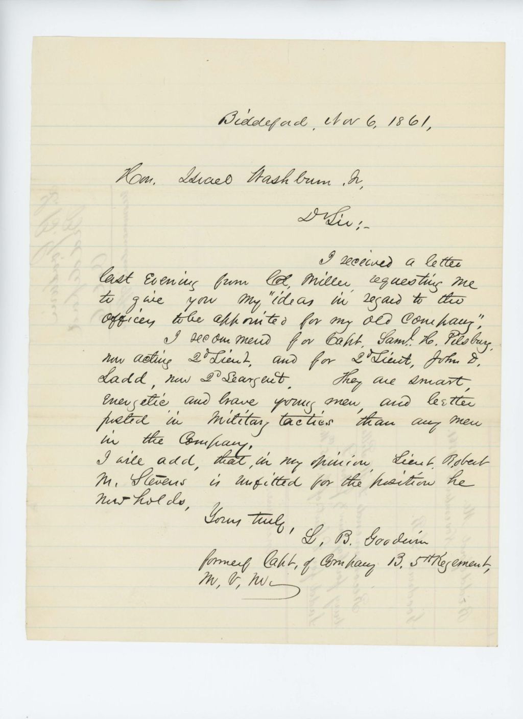Miniature of Captain L.B. Goodwin writes Governor Washburn recommending Samuel Pillsbury and John D. Ladd for promotion