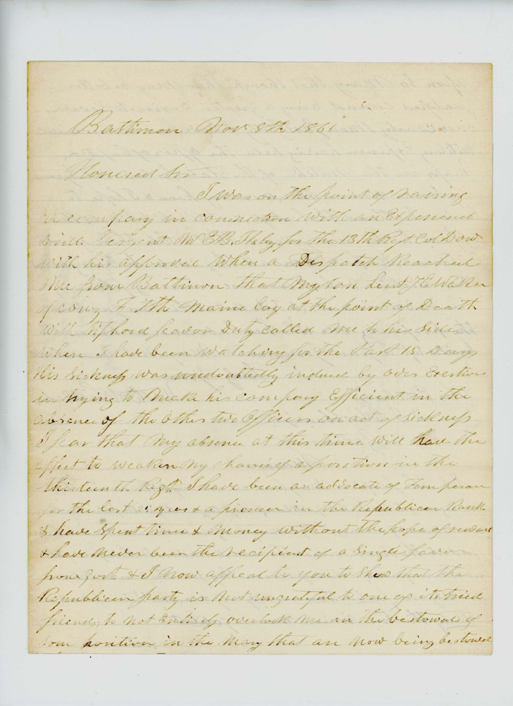 Miniature of Nathaniel Walker presents his claims to a position in the regiment