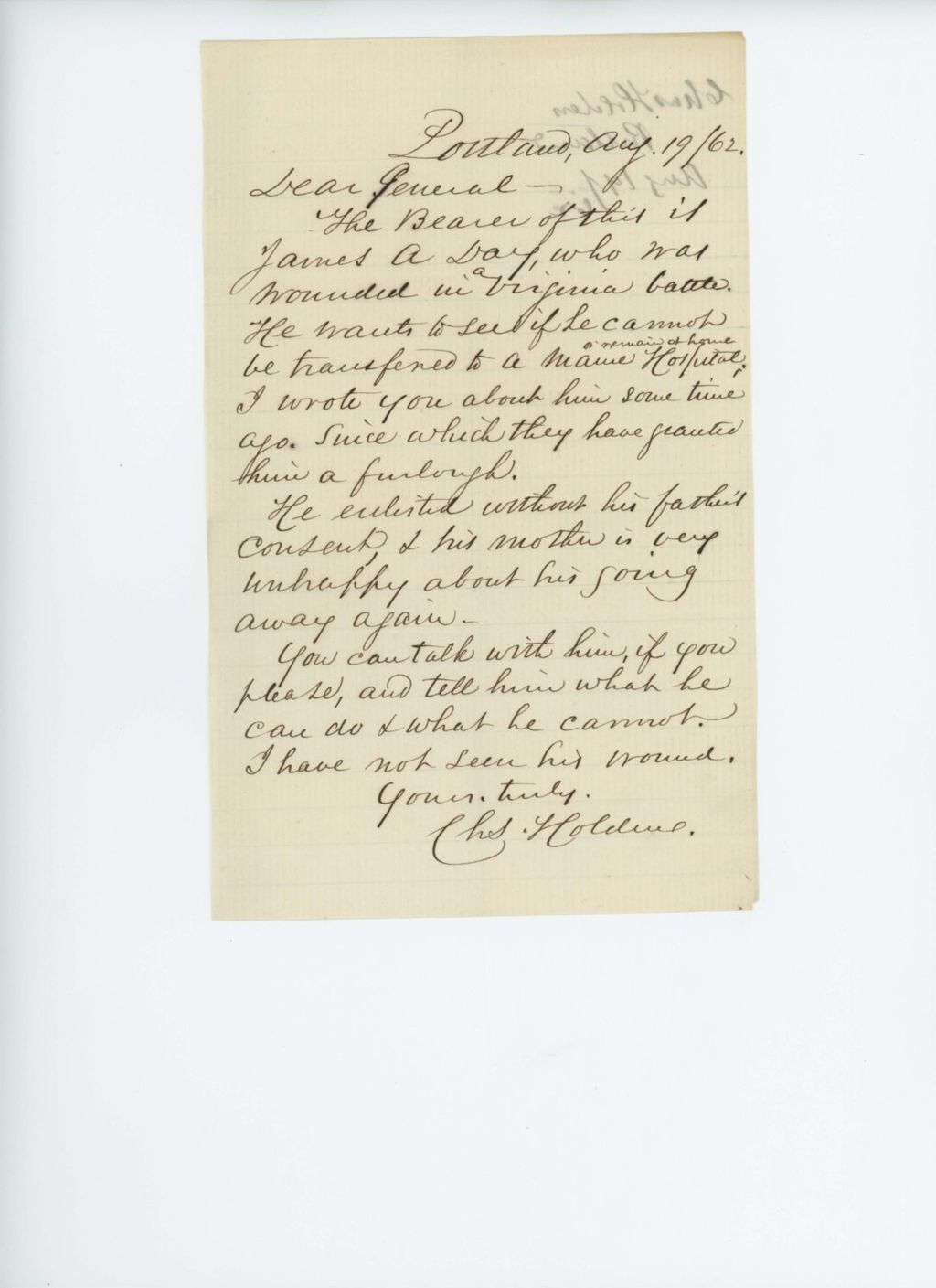 Miniature of Charles Holden requests that a wounded James A. Day be transferred to a Maine hospital