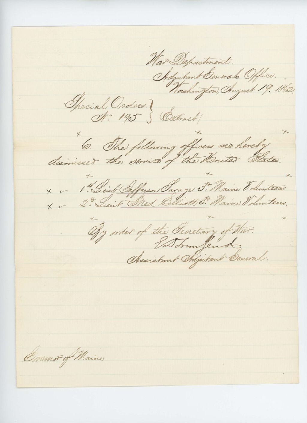 Miniature of Special Order 195 dismissing Jefferson Savage and Fred Elliott from service