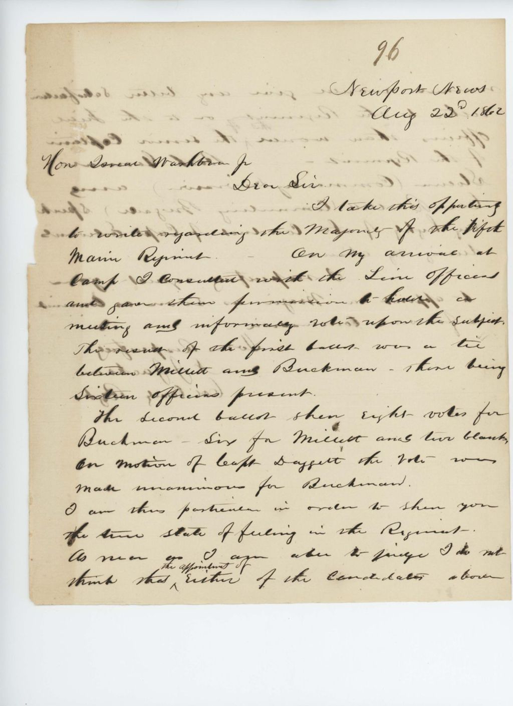 Miniature of Colonel Jackson writes Governor Washburn regarding informal election of officers