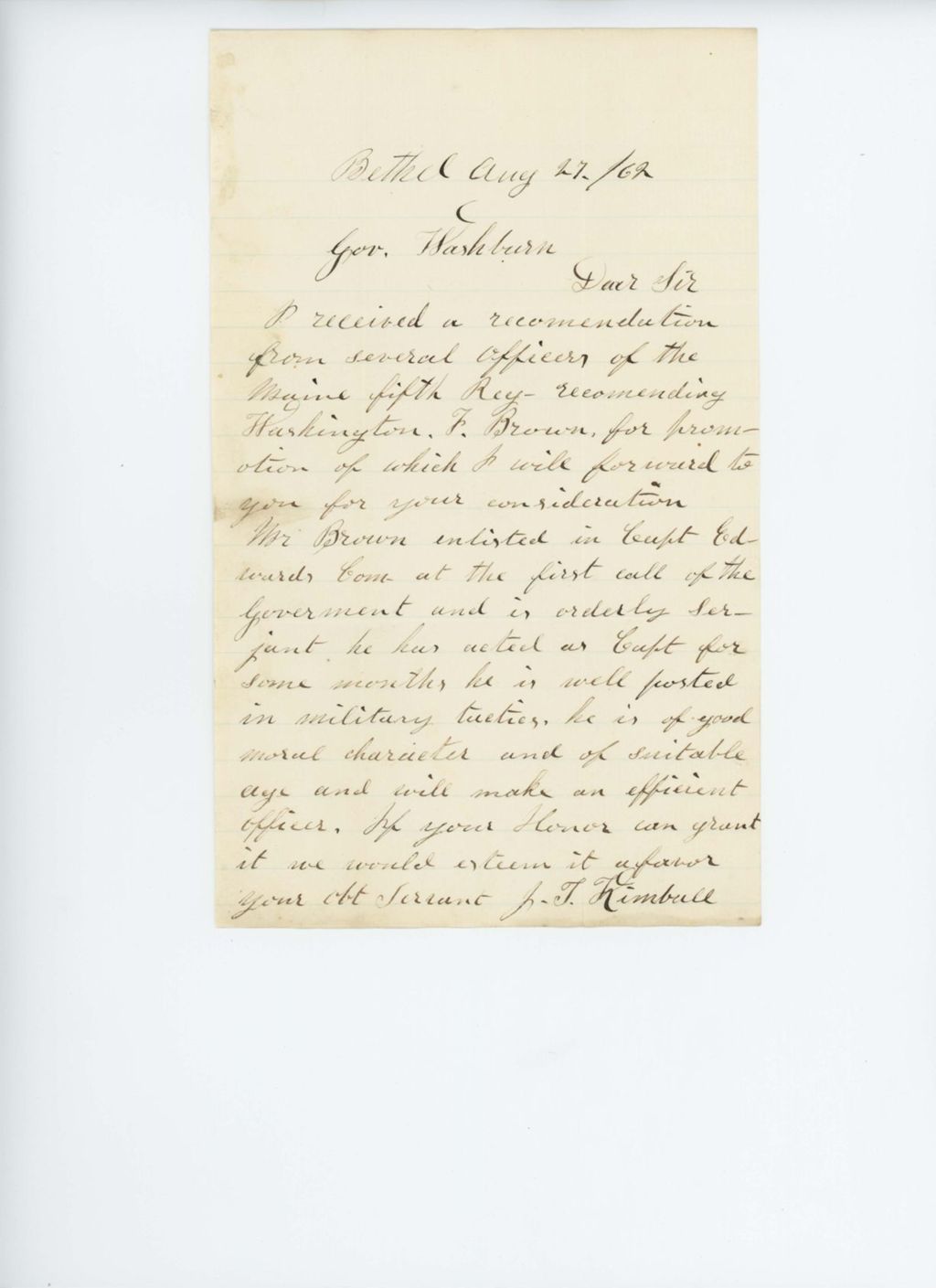Miniature of J.H. Kimball recommends Washington F. Brown