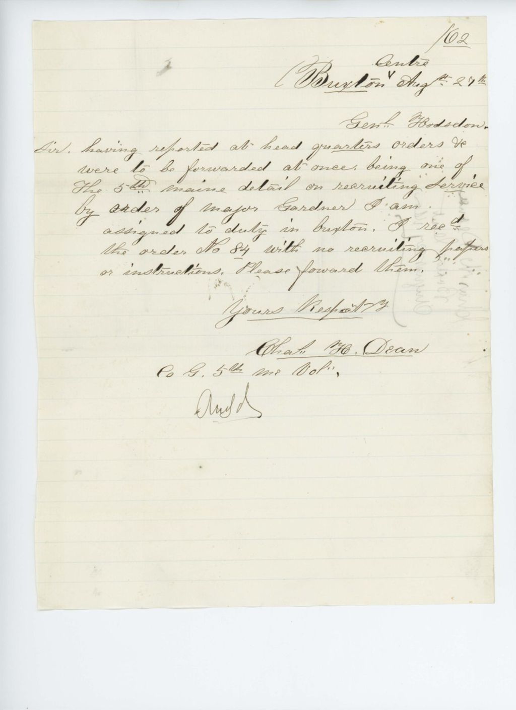 Miniature of Charles H. Dean of Company G requests his papers for recruiting duty