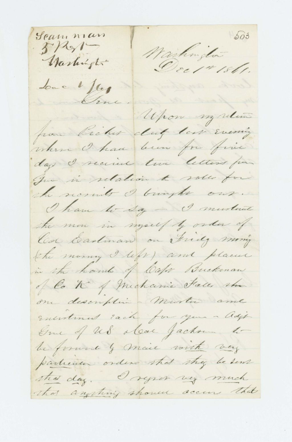Miniature of E.A. Scamman writes General Hodsdon regarding enlistment rolls