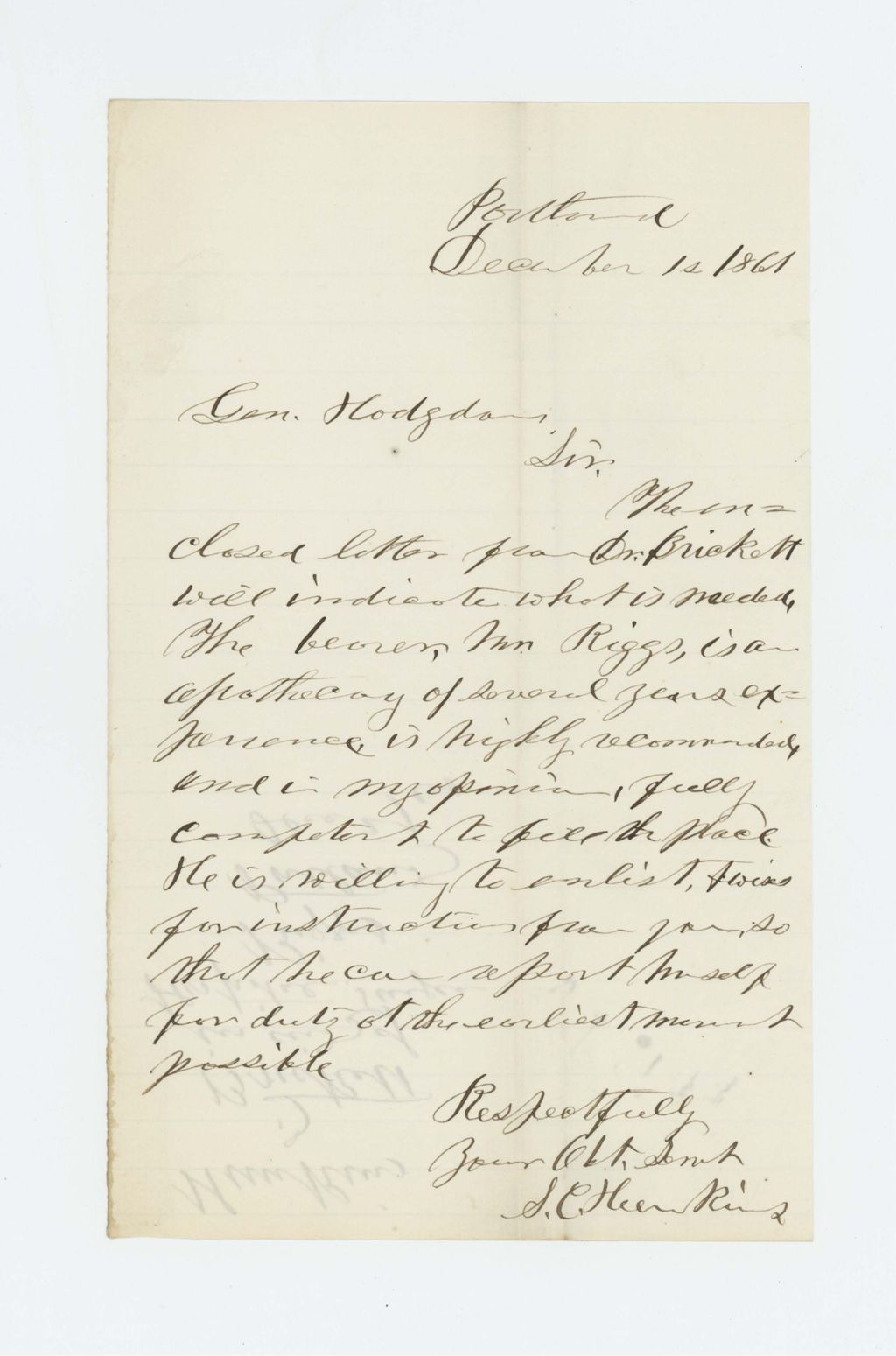 Miniature of S.C. Hunkins supports Dr. Brickett's request for a hospital steward