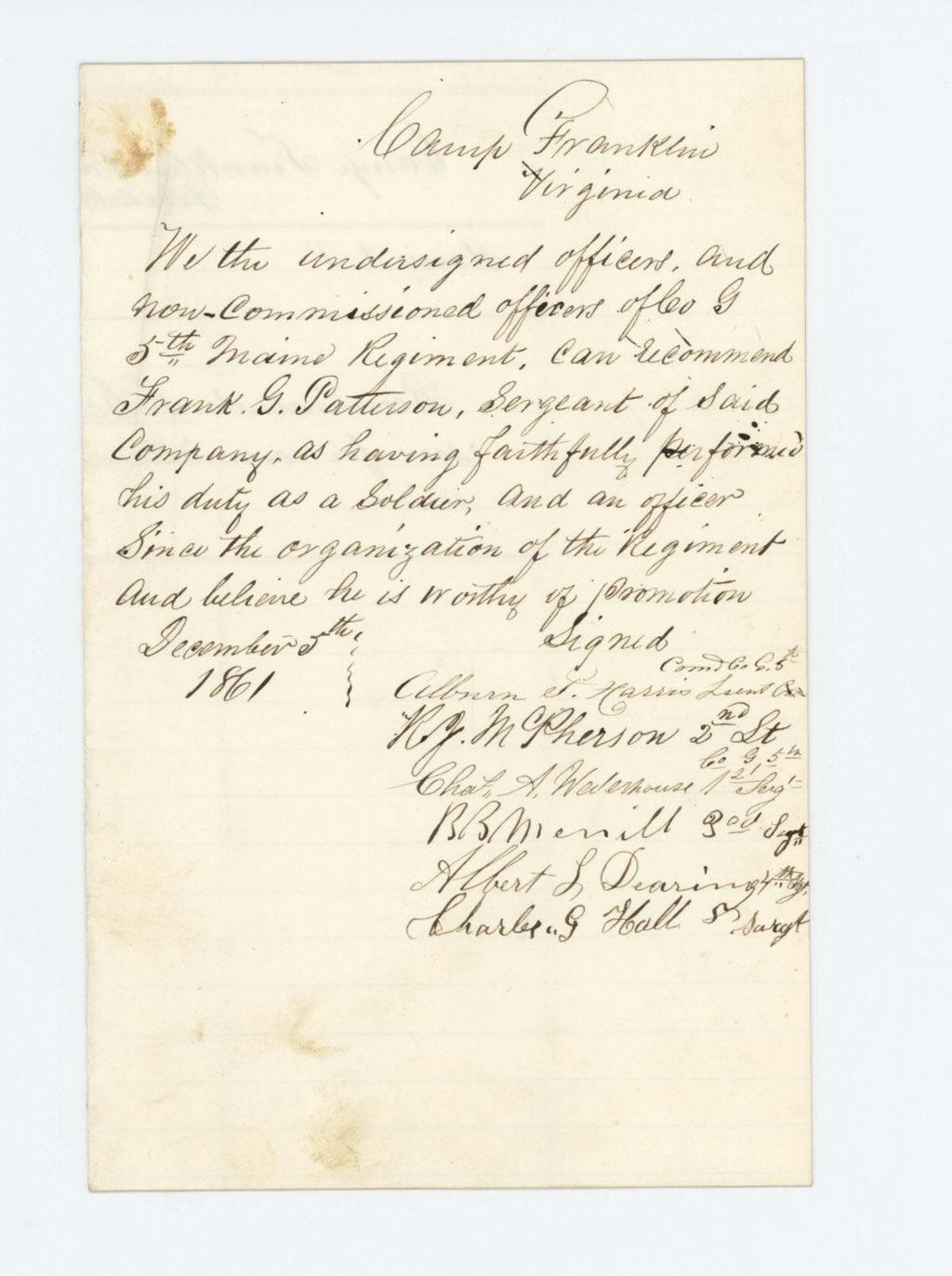 Miniature of Albion Harris and other officers of Company G recommend Frank G. Patterson for promotion