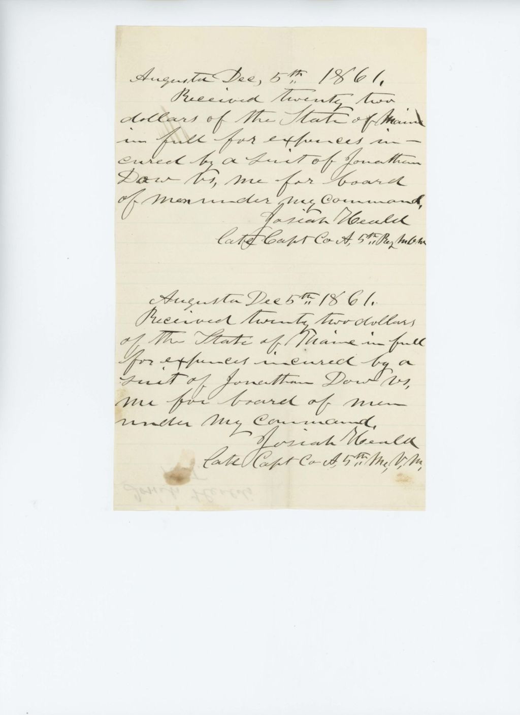Miniature of Josiah Heald receipt for $22 for expenses