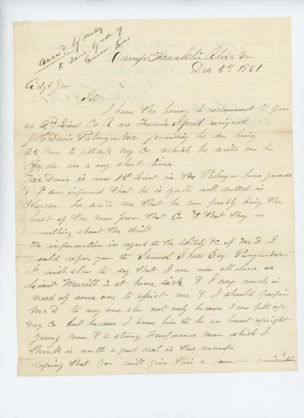 Miniature of Captain Henry R. Millett recommends J. H. Davis for promotion