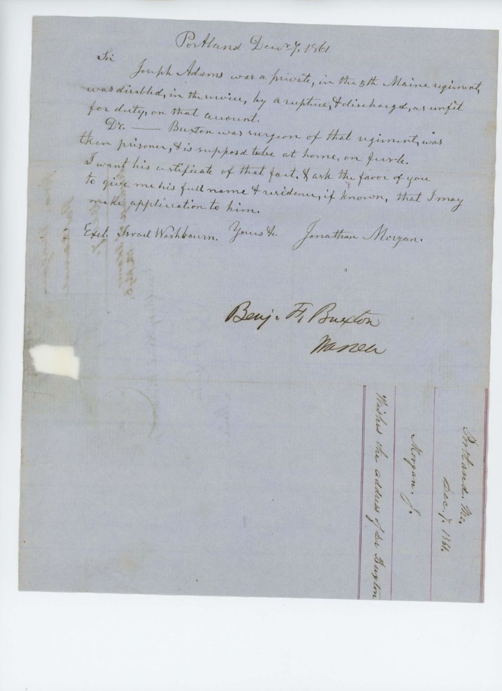 Miniature of Jonathan Morgan requests addresses of Joseph Adams and Dr. Benjamin Buxton