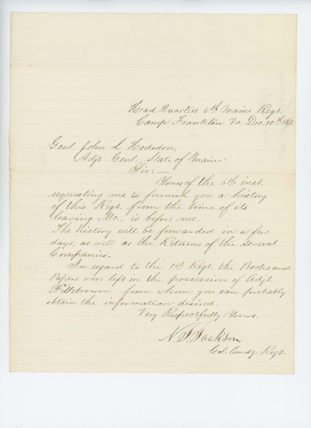 Miniature of Colonel Jackson writes regarding the history of the regiment
