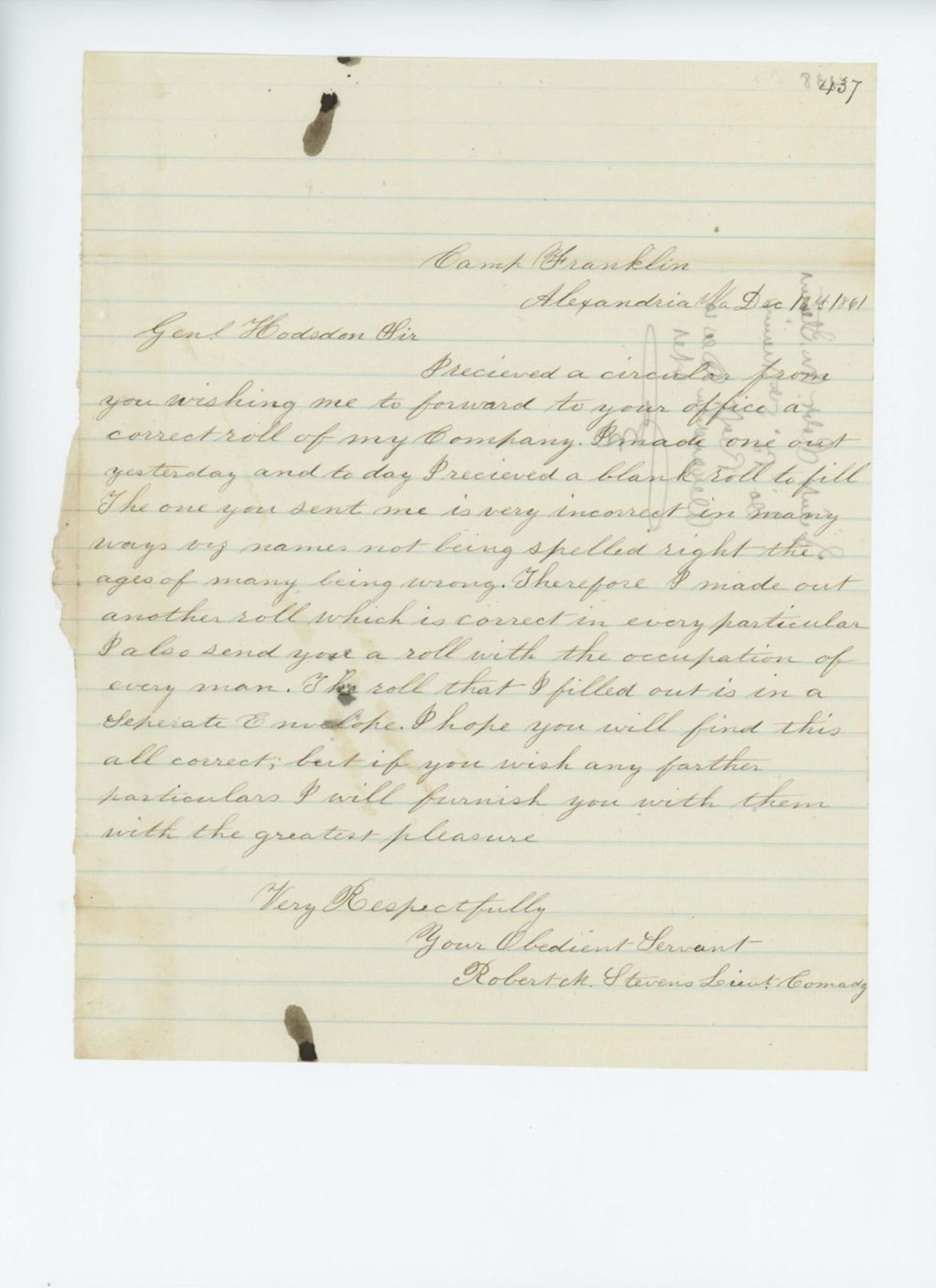 Miniature of Lieutenant Robert M. Stevens writes that the descriptive roll has many errors