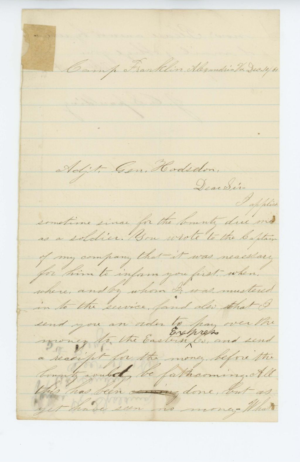 Miniature of James G. Spaulding writes regarding his bounty payment