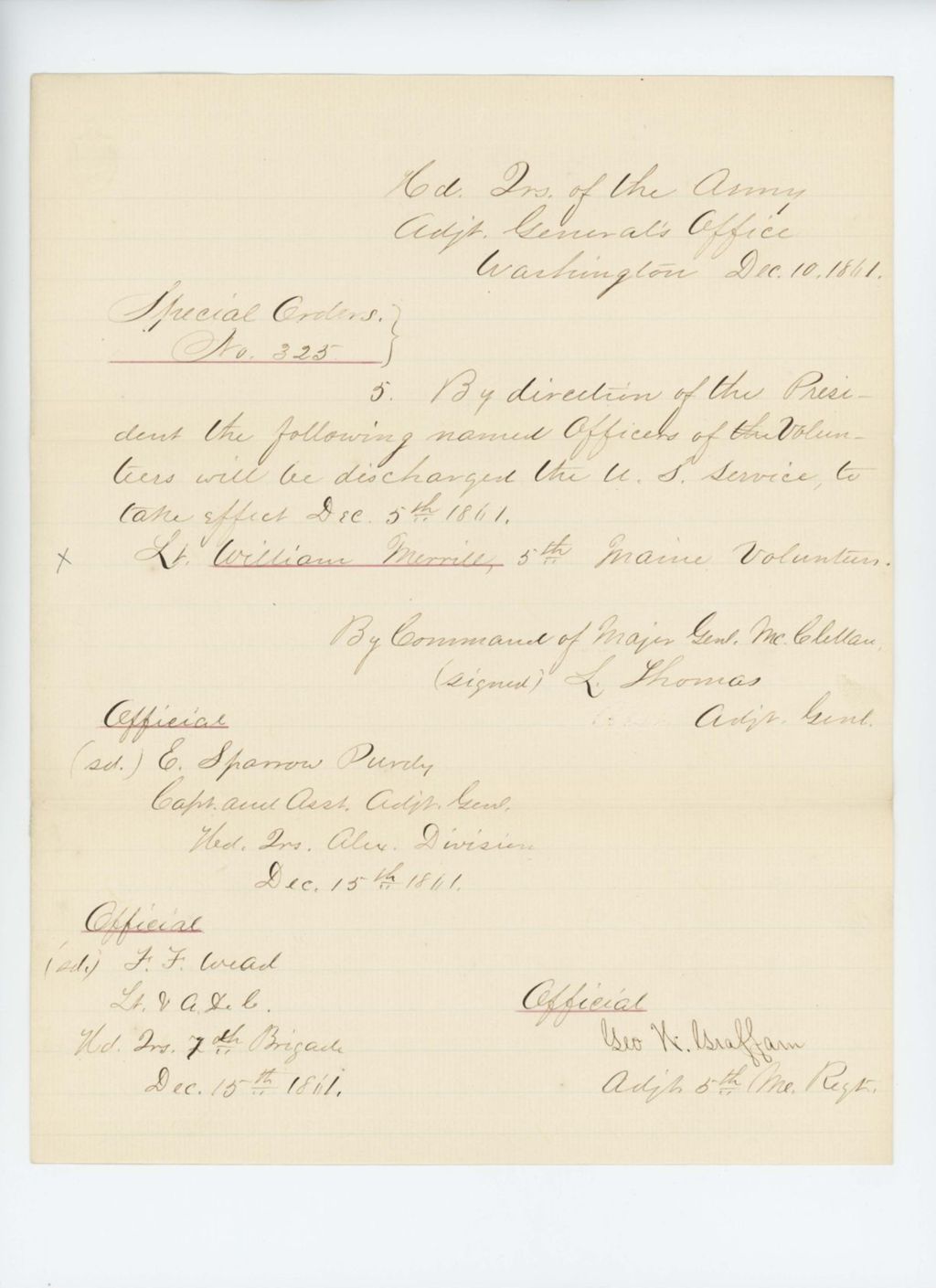 Miniature of Special Order 325 discharging Lieutenant William Merrill