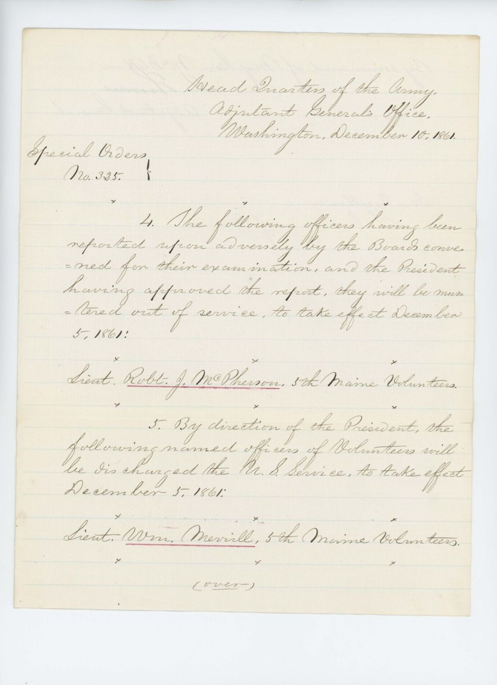 Miniature of Special Order 325 discharging Lieutenant Robert J. McPherson and William Merrill