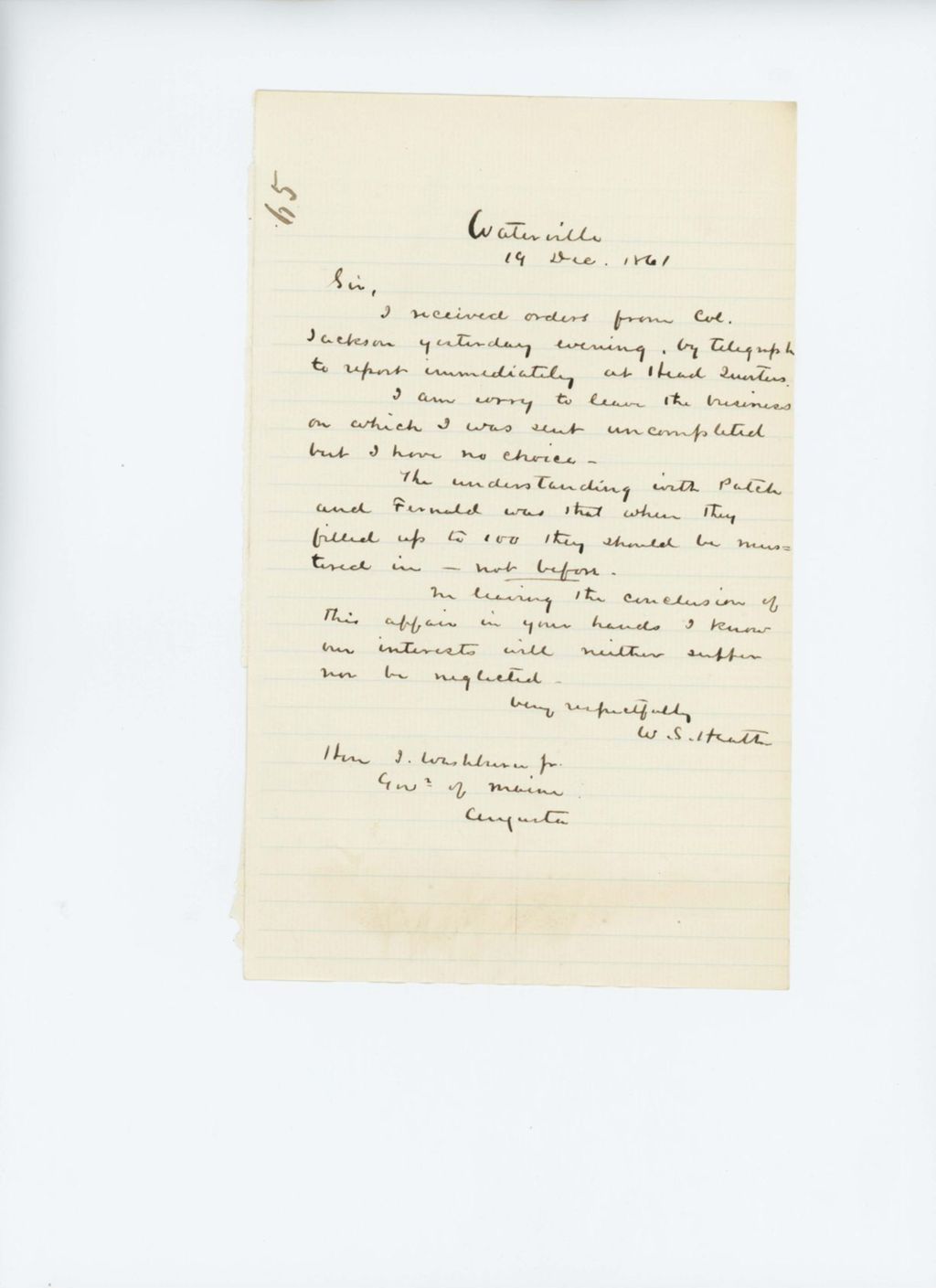 Miniature of W.S. Heath writes Governor Washburn regarding Colonel Jackson's order to report to Headquarters