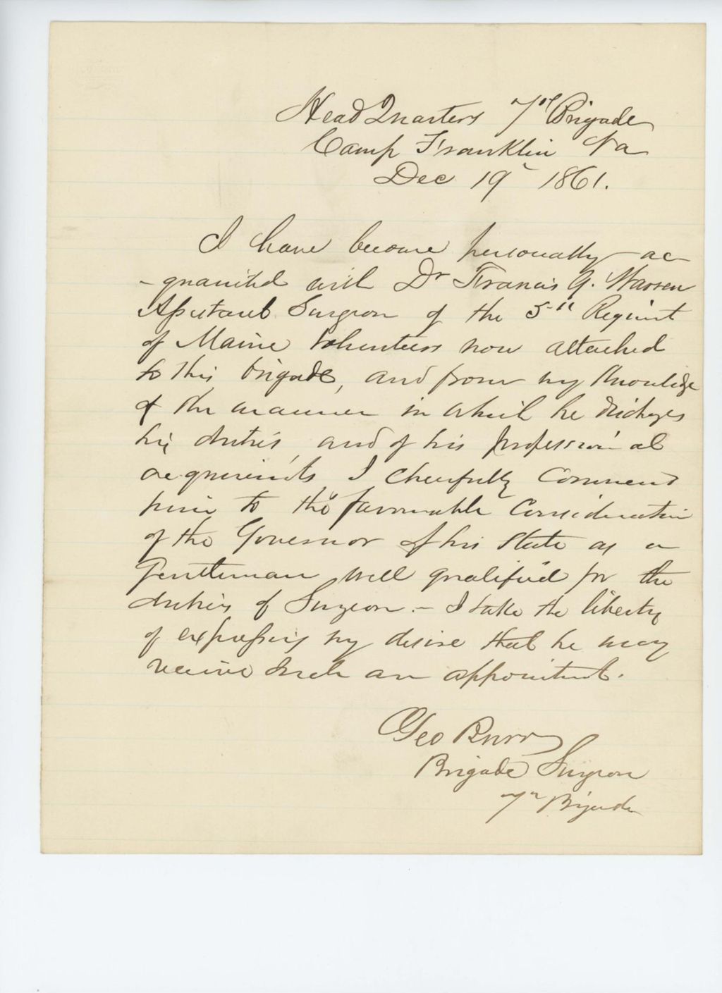 Miniature of Brigade Surgeon George Burr recommends Dr. Francis G. Warren