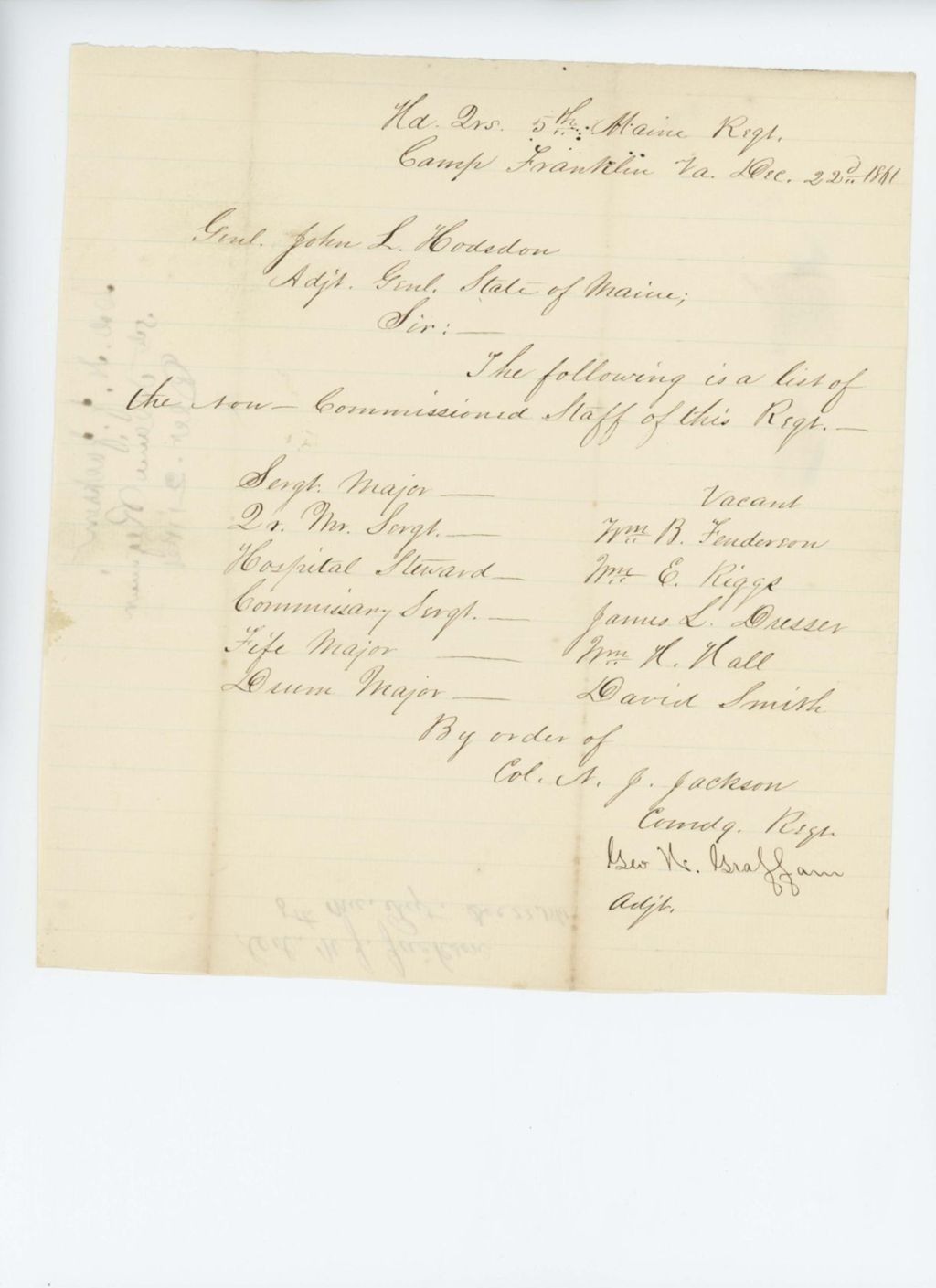 Miniature of Colonel Jackson forwards a list of non-commissioned staff