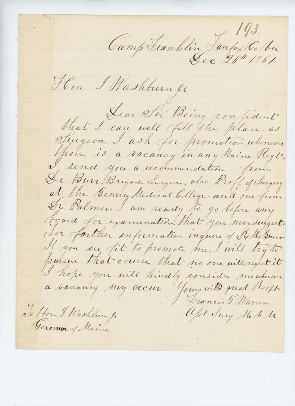 Miniature of Assistant Surgeon Francis Warren requests a promotion