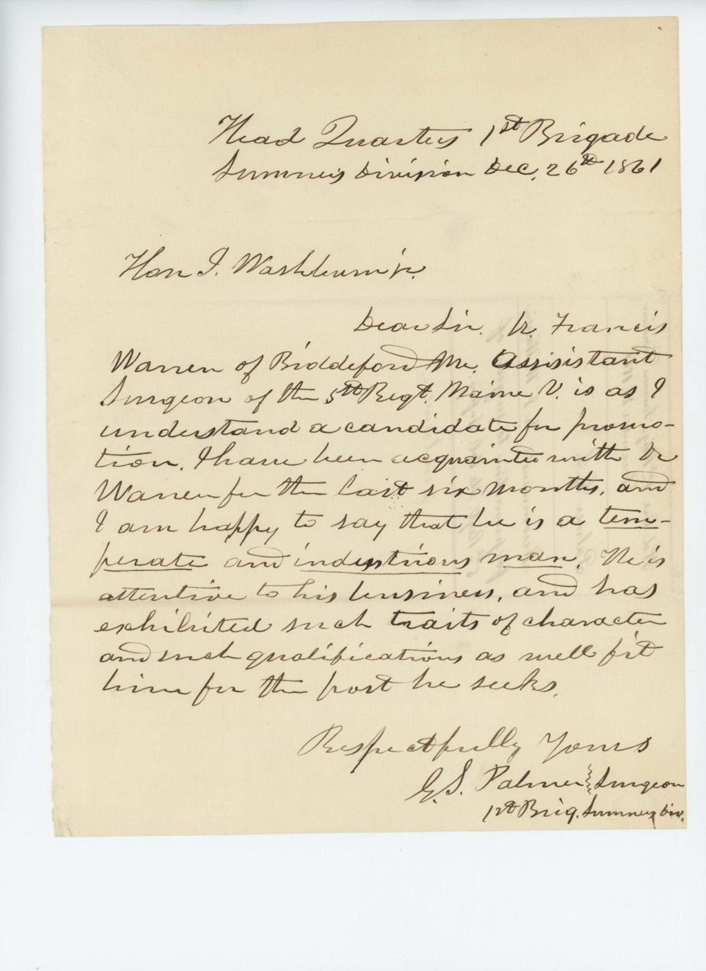 Miniature of Surgeon G.S. Palmer of the 1st Brigade recommends Dr. Francis Warren for promotion