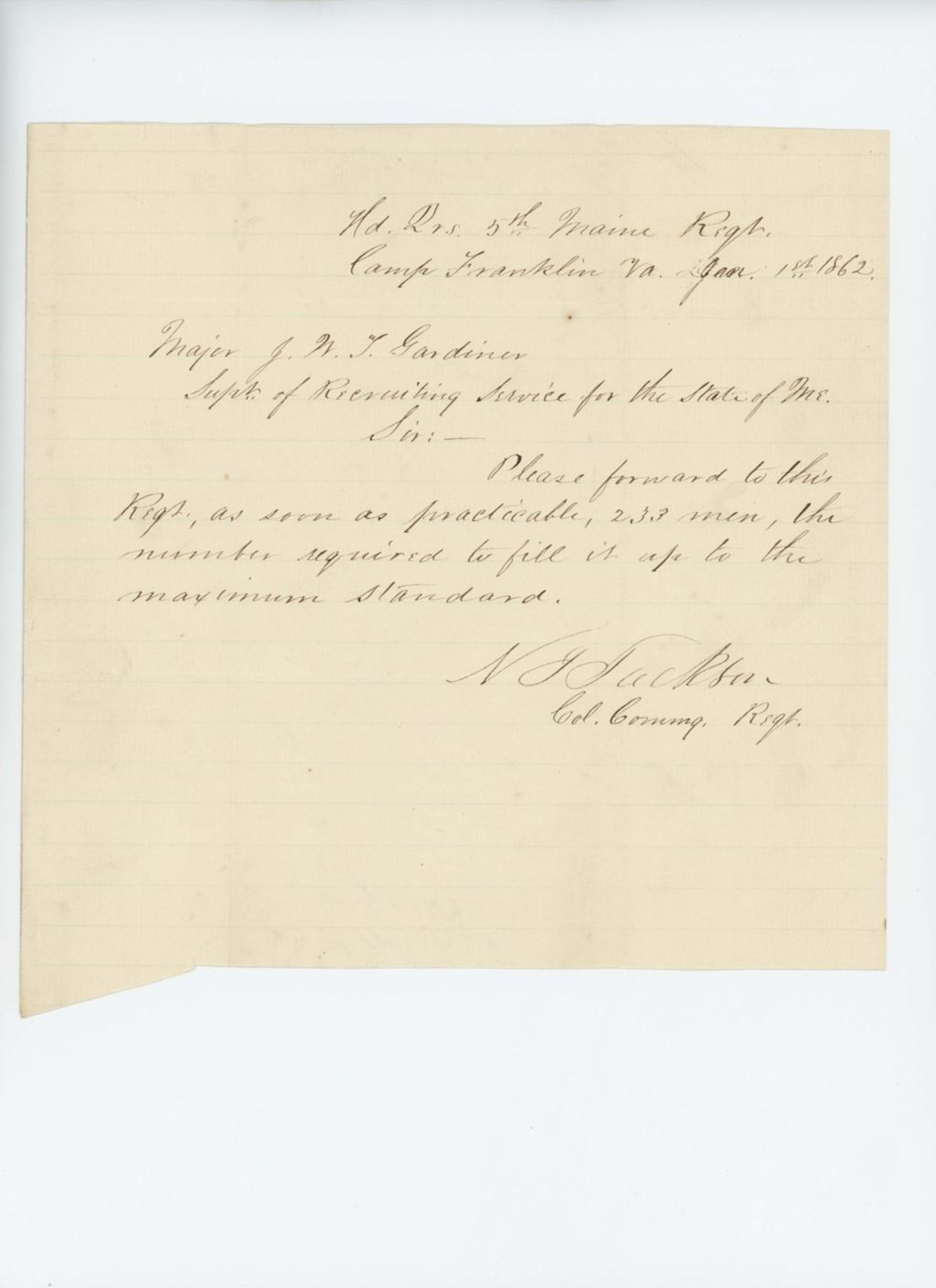 Miniature of Colonel Jackson requests 233 men to fill the regiment