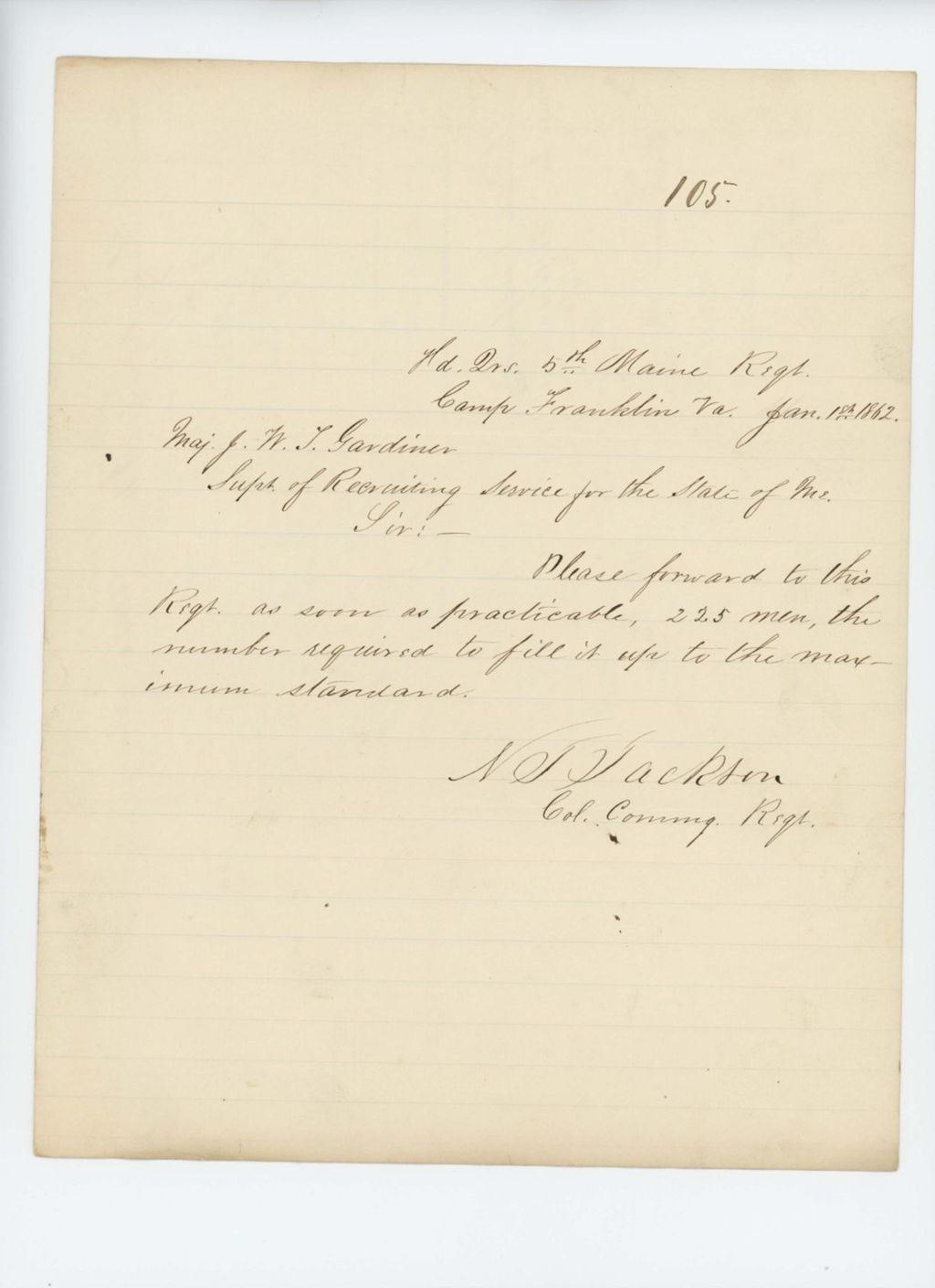 Miniature of Colonel Jackson requests 225 men to fill the regiment
