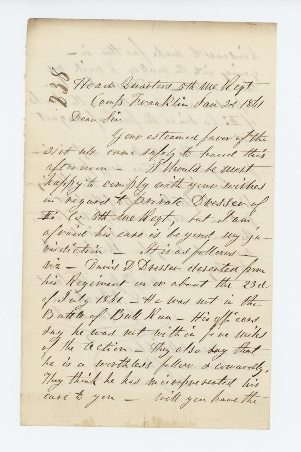 Miniature of Colonel Jackson replies to Governor Washburn regarding case of deserter David Dresser