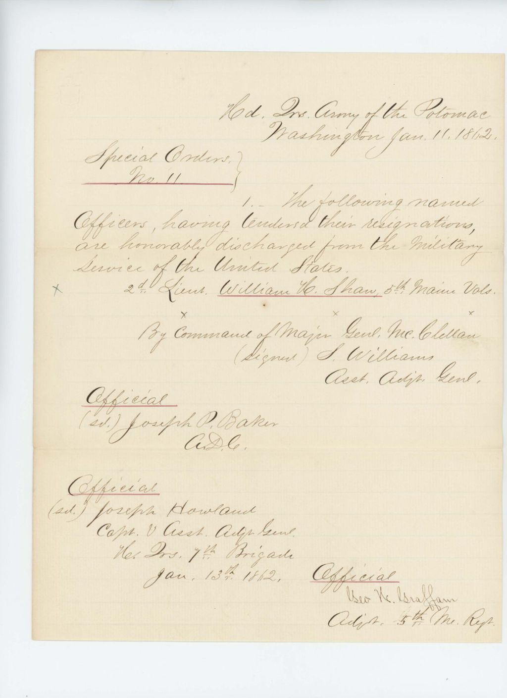 Miniature of Special Order 11 honorably discharging Lieutenant William H. Shaw from service