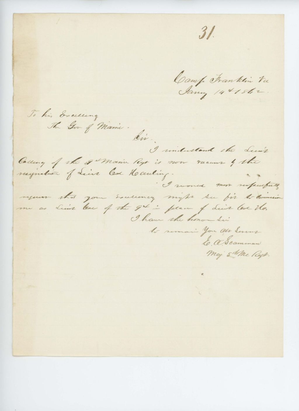 Miniature of Major E.A. Scamman requests commission as Lieutenant Colonel of the 9th Regiment