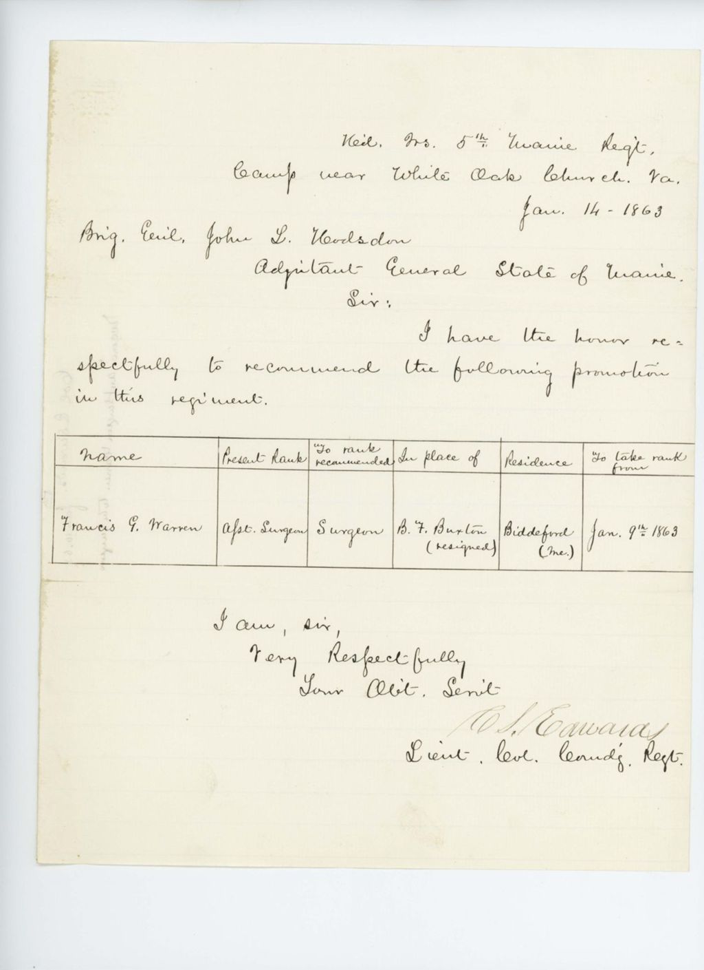 Miniature of Lieutenant Colonel C.S. Edwards recommends Francis G. Warren for surgeon