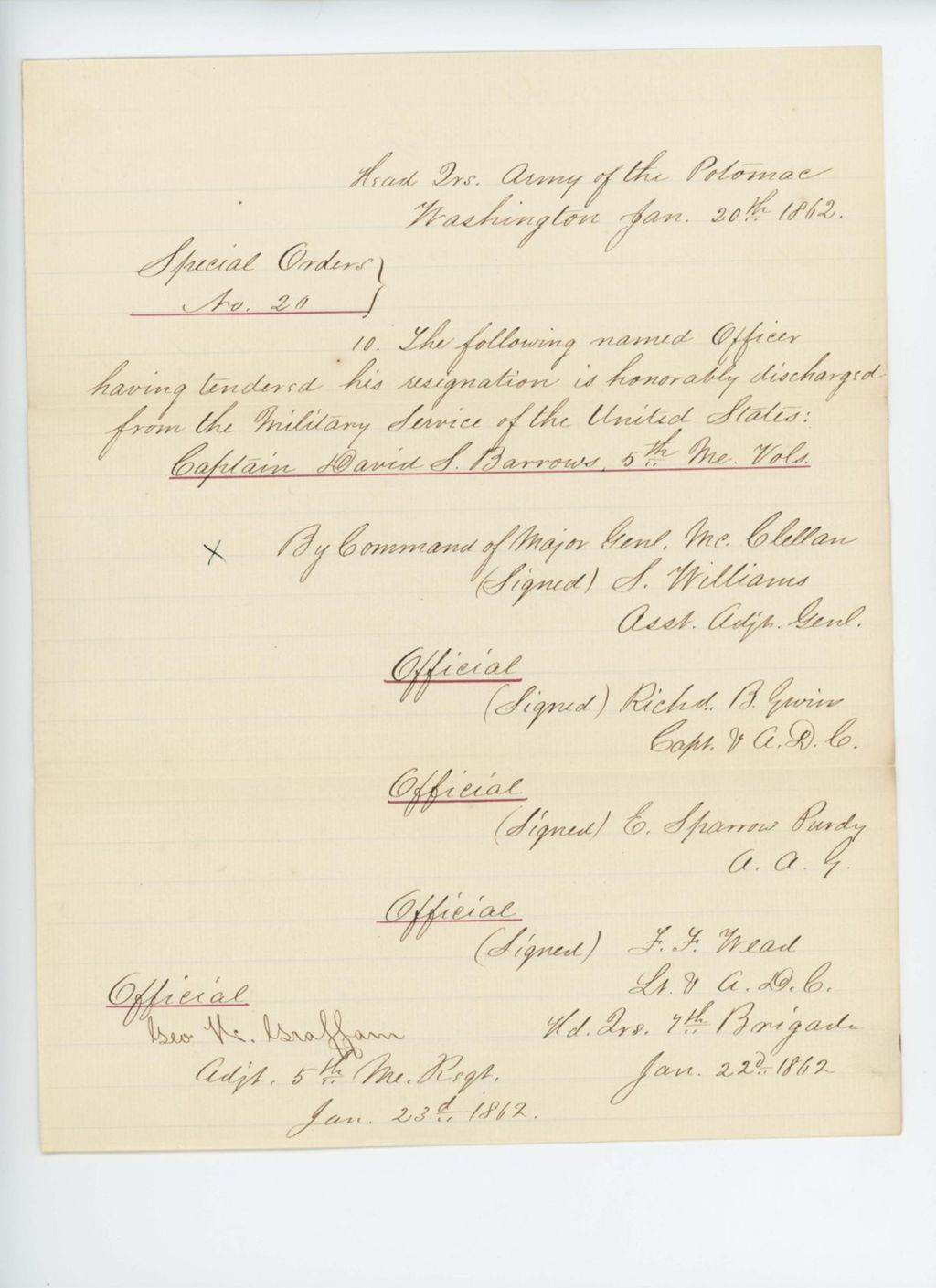 Miniature of Special Order 20 honorably discharging Captain David S. Barrows from service