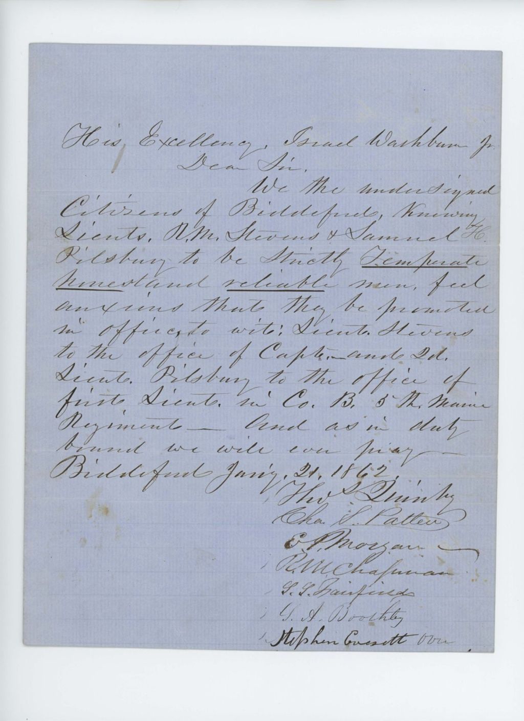 Miniature of Thomas Quimby and citizens of Biddeford request promotions of Lieutenants Stevens and Pilsbury
