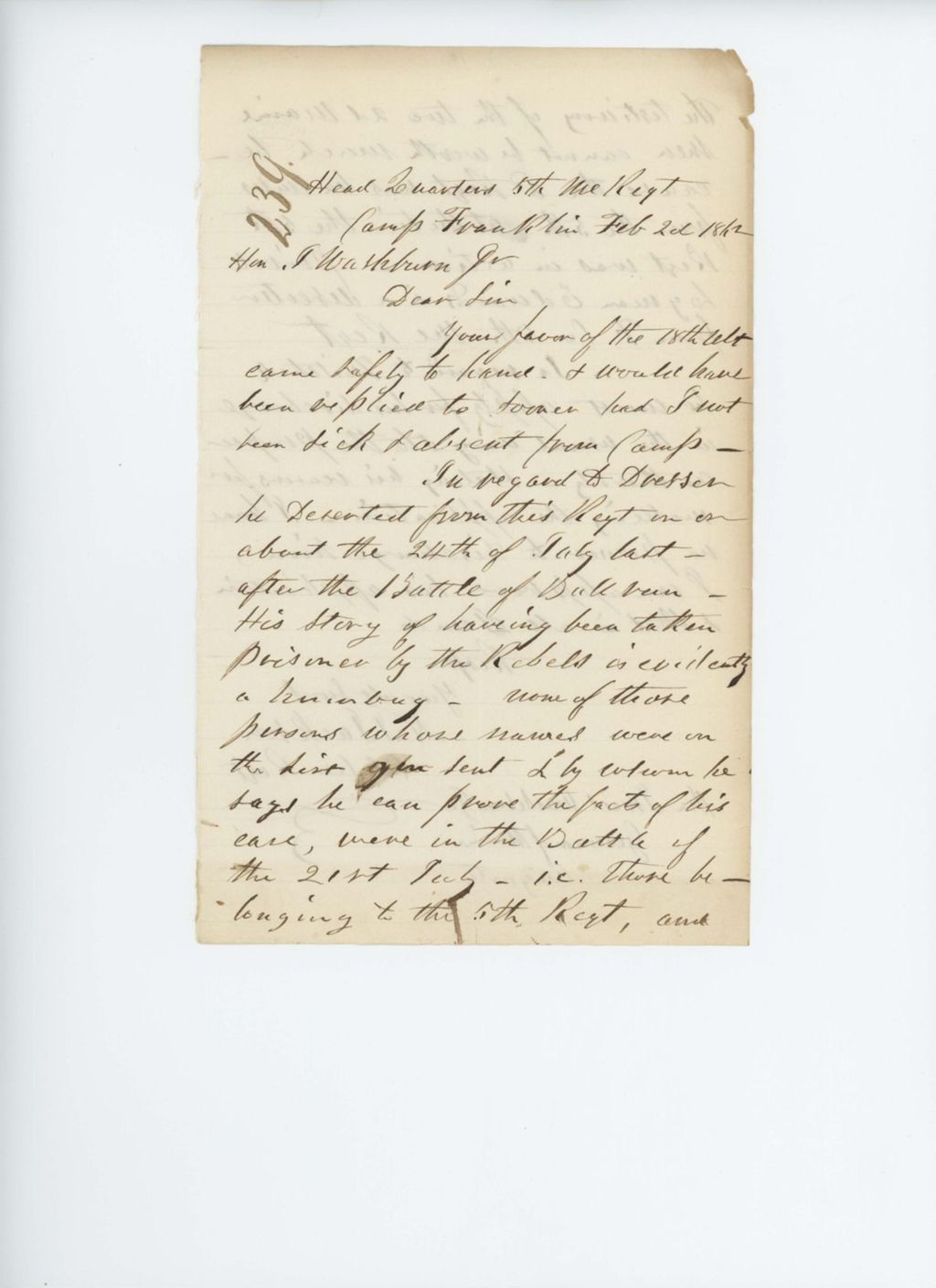 Miniature of Colonel Jackson writes Governor Washburn regarding deserter David Dresser
